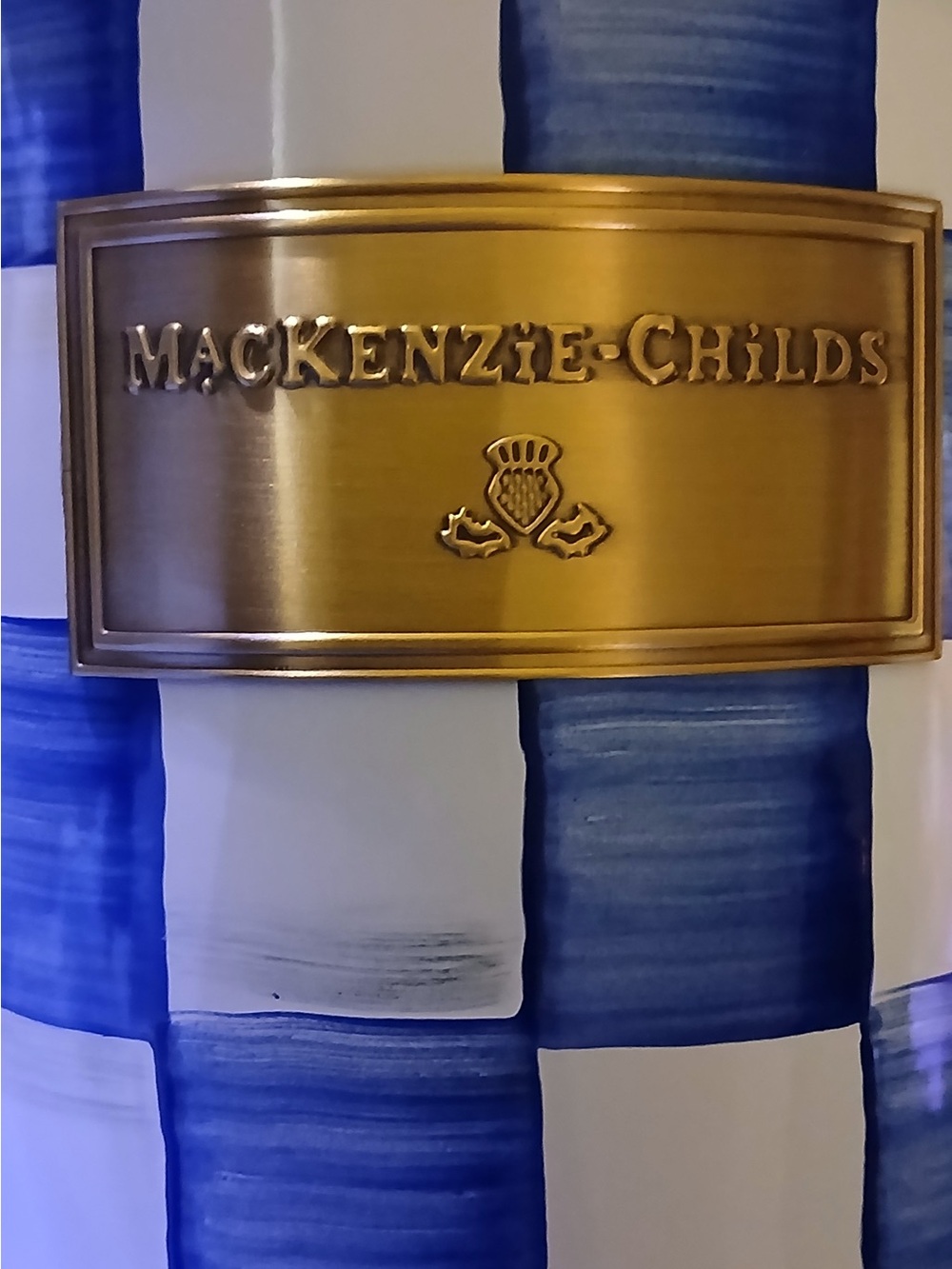 MacKenzie-Childs Blue and White Checked Ceramic with Brass Plaque